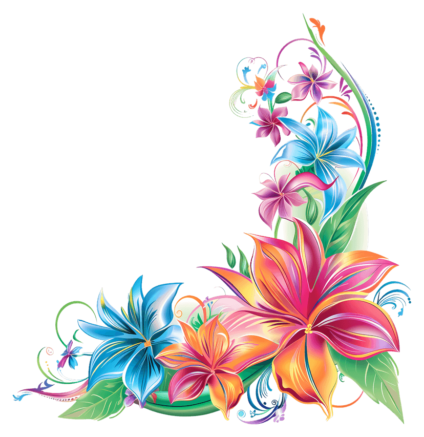Botanical corner illustration features saturated petals and green leaves arranged in a curved decorative cluster.