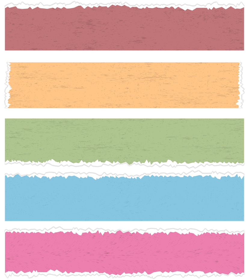 Retro torn paper fragments with textured edges and colorful Euclidean splashes on a transparent background.