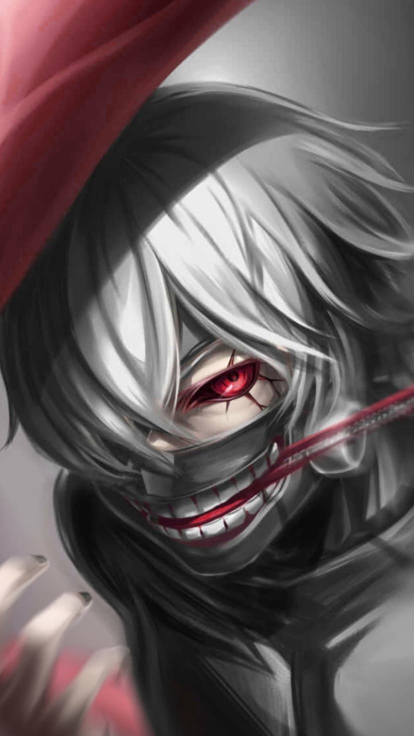 Ken Kaneki with white hair wears a leather mask revealing a wide grin and a single glowing red kakugan eye.
