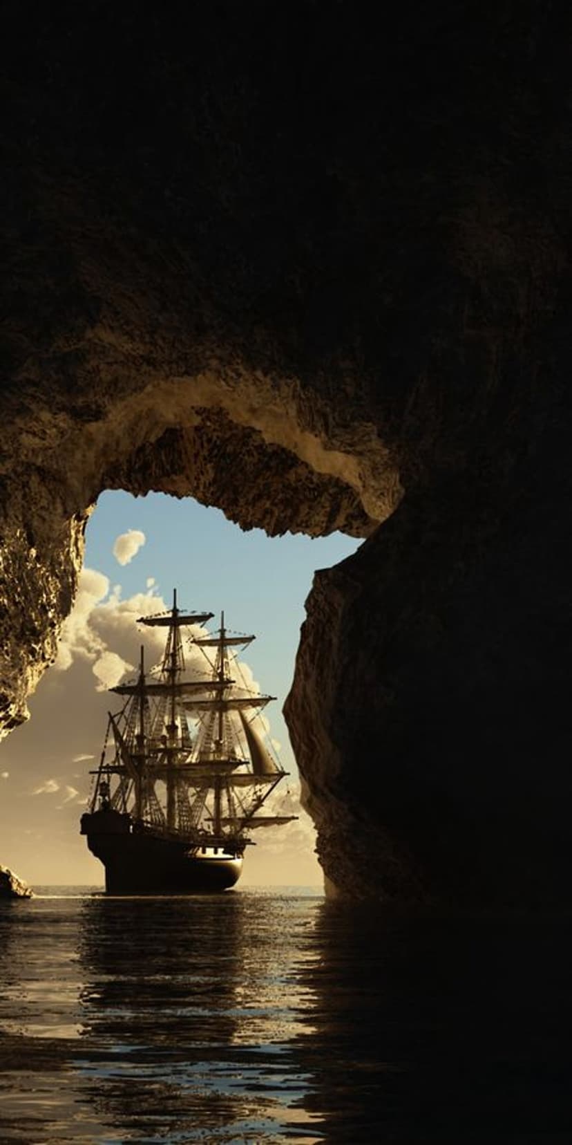 Vintage sailing ship with white sails exits a jagged rocky cave into a sunlit ocean under a bright sky.