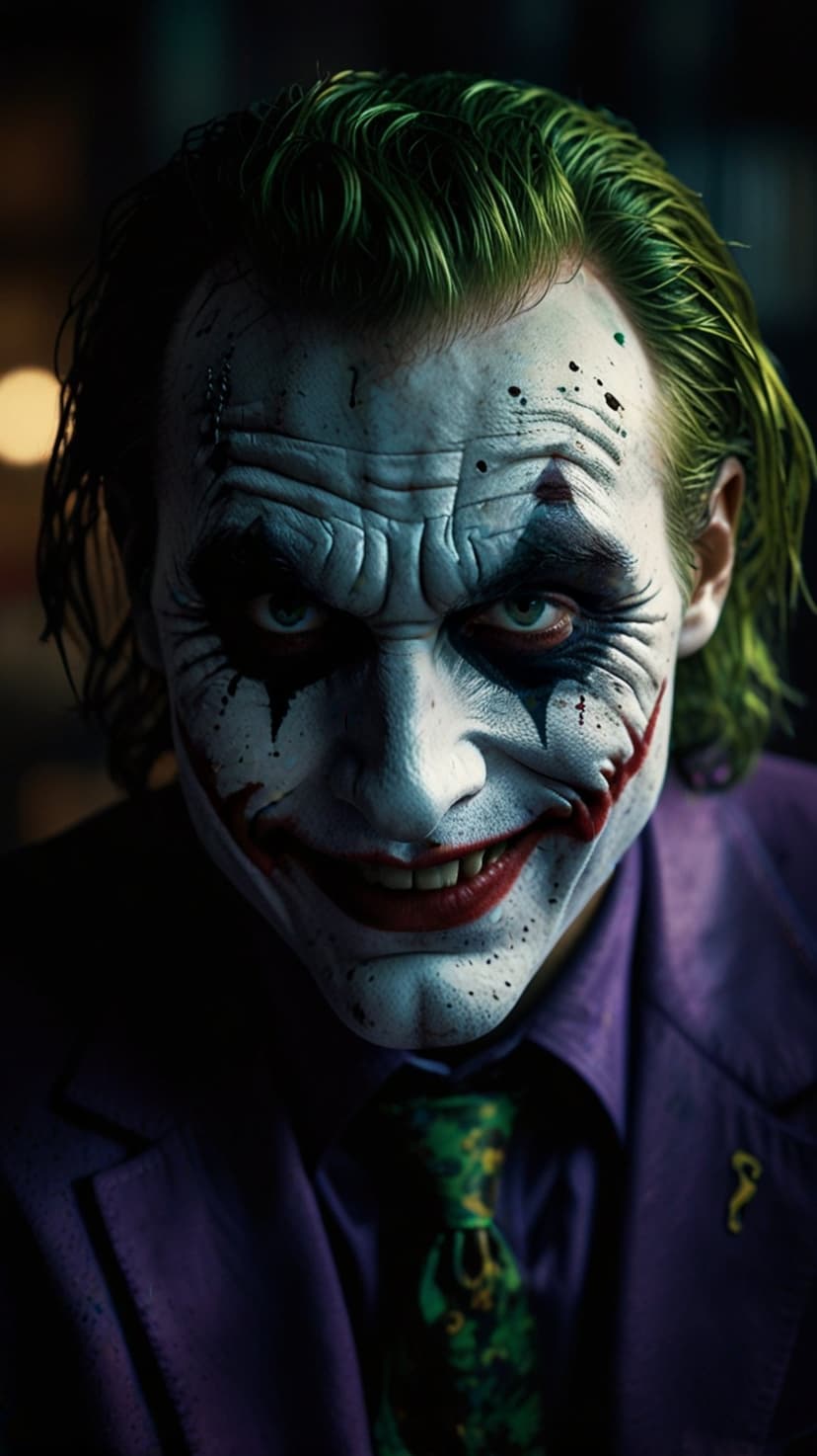 Joker with smeared white face paint and a haunting red smile wears a purple suit and green patterned necktie.