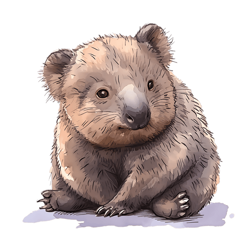 Baby wombat watercolor illustration with soft brown fur sitting in profile against a transparent background.
