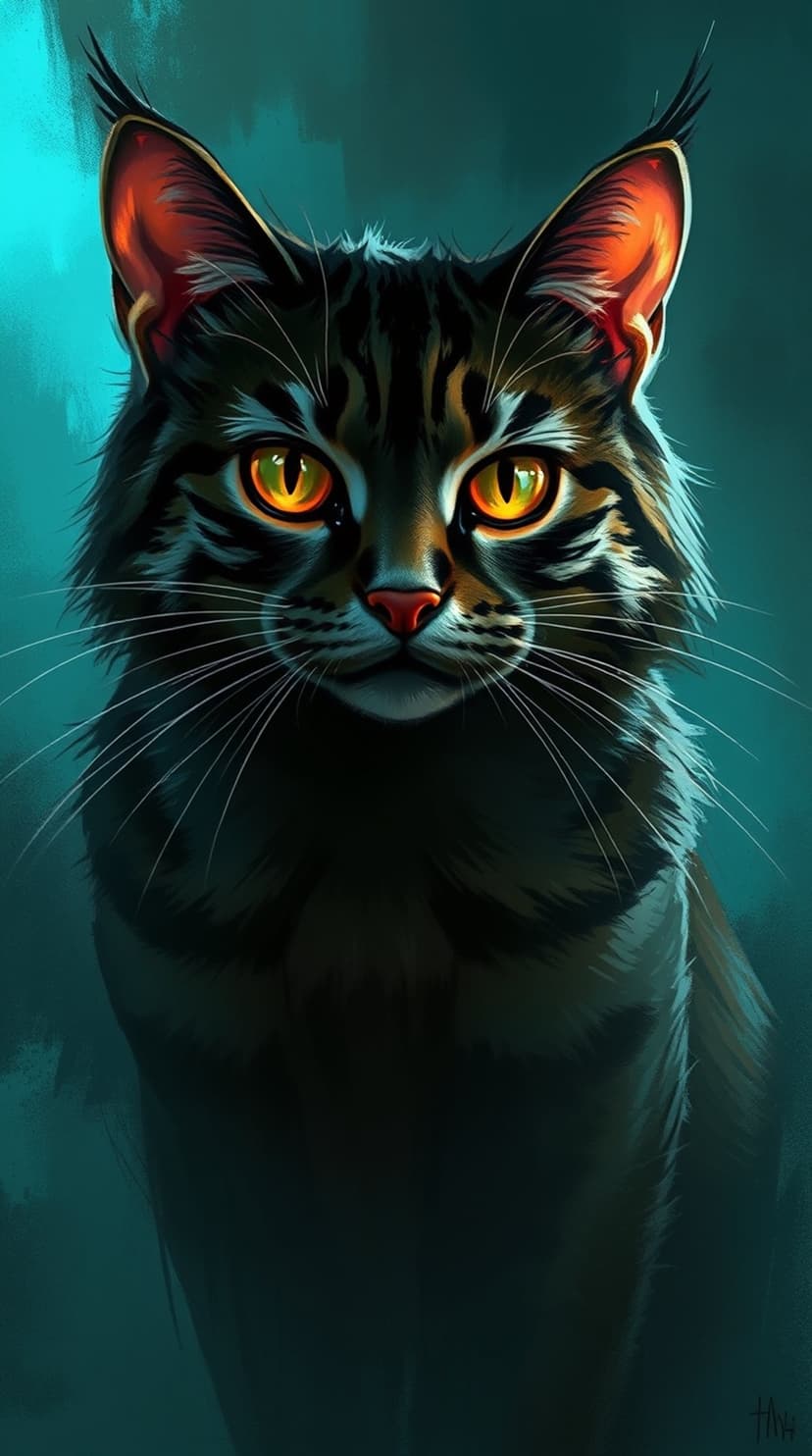 Tabby cat with glowing amber eyes and tufted ears gazes forward against a dark, shadowy background.