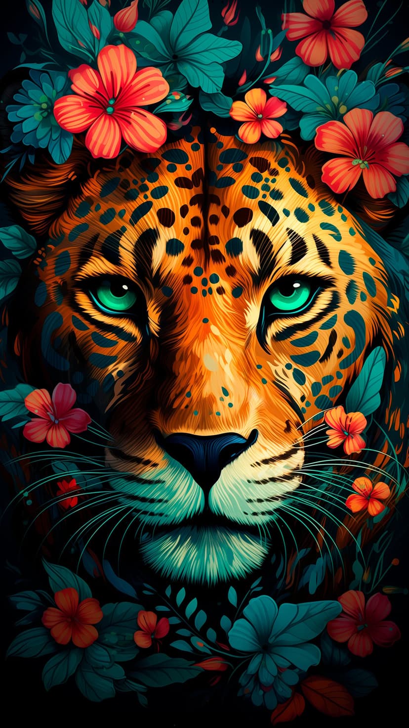Jaguar with teal eyes wears a crown of red hibiscus flowers against a dark tropical foliage background.