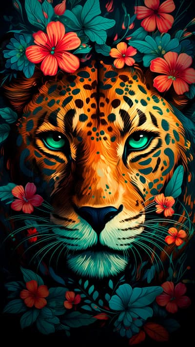 Majestic Jaguar Portrait with Vibrant Tropical Flowers