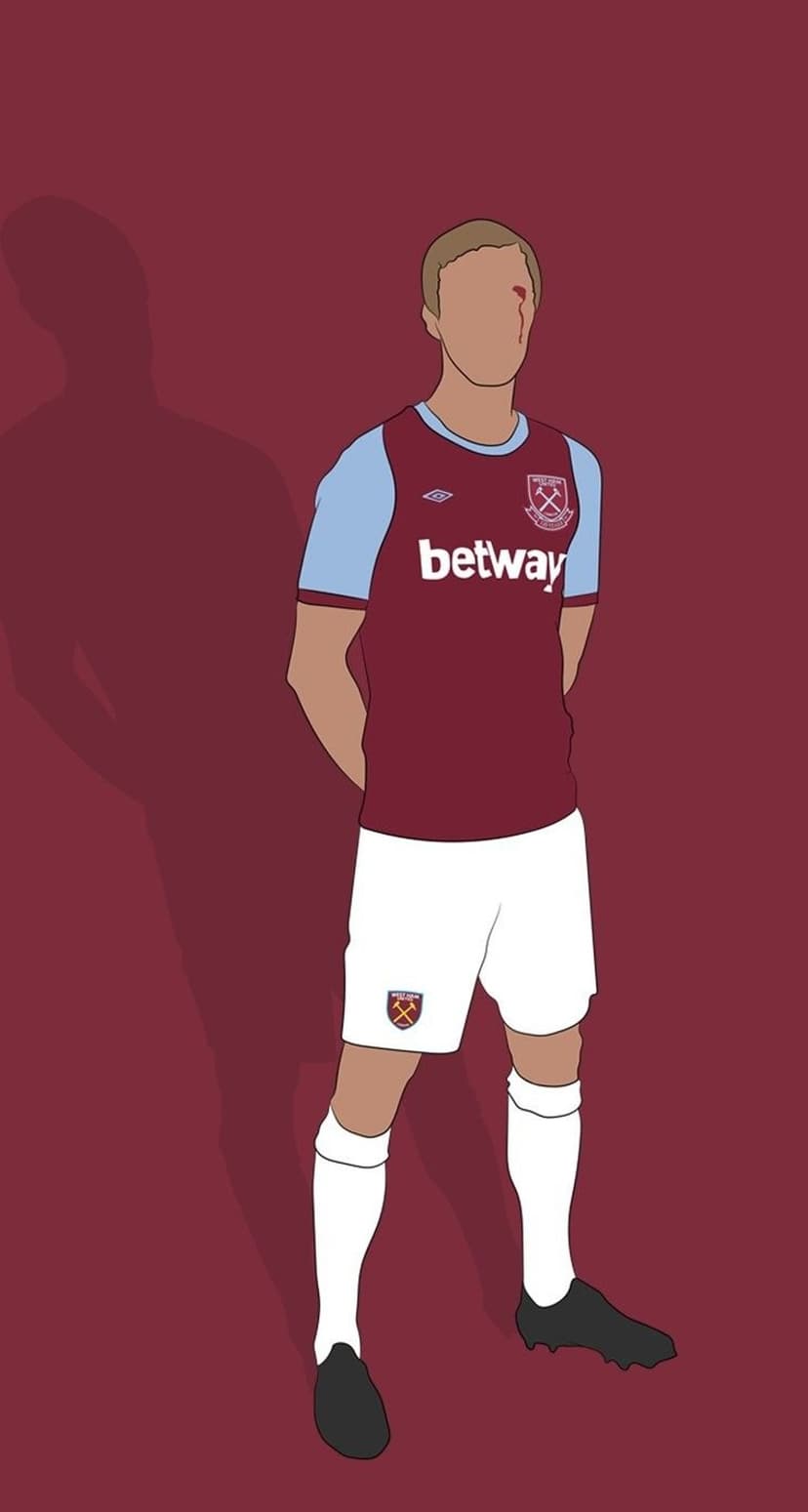 Footballer in a West Ham United kit with a red facial mark stands before a dark red backdrop and shadow figure.