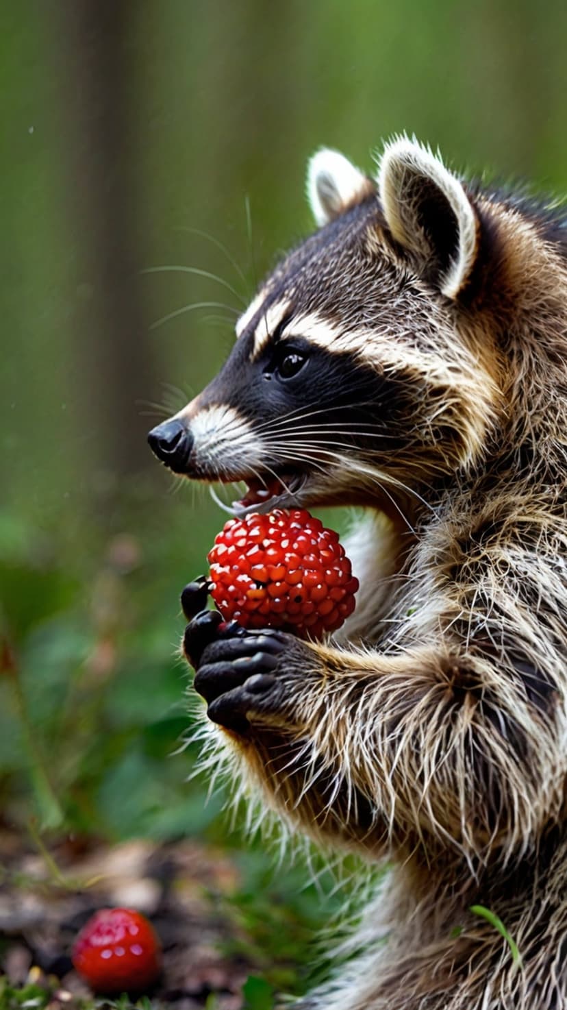 Raccoon holding a bright red berry in its paws with a blurred green forest background and sharp fur details.