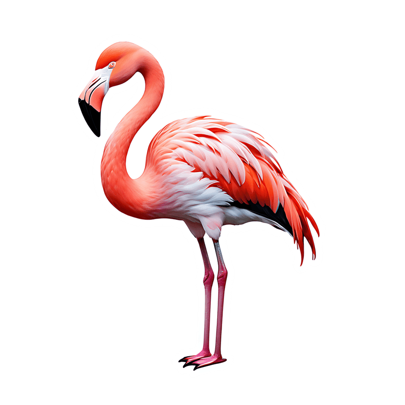 Pink flamingo die-cut sticker shows a tropical bird in profile with orange-red feathers and a white border.