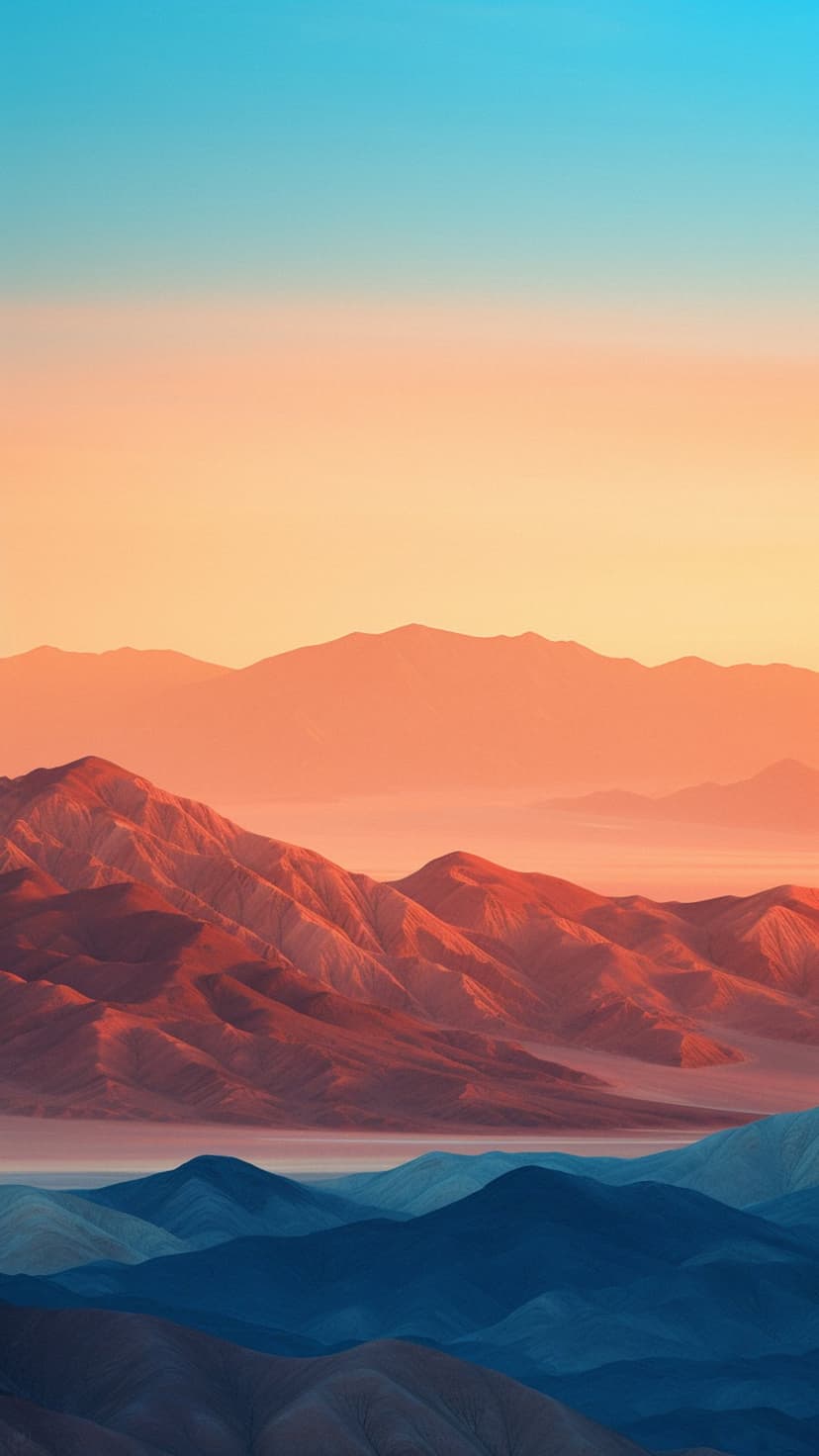 Jagged orange mountain peaks rise above misty blue valleys under a glowing peach and blue gradient sky.