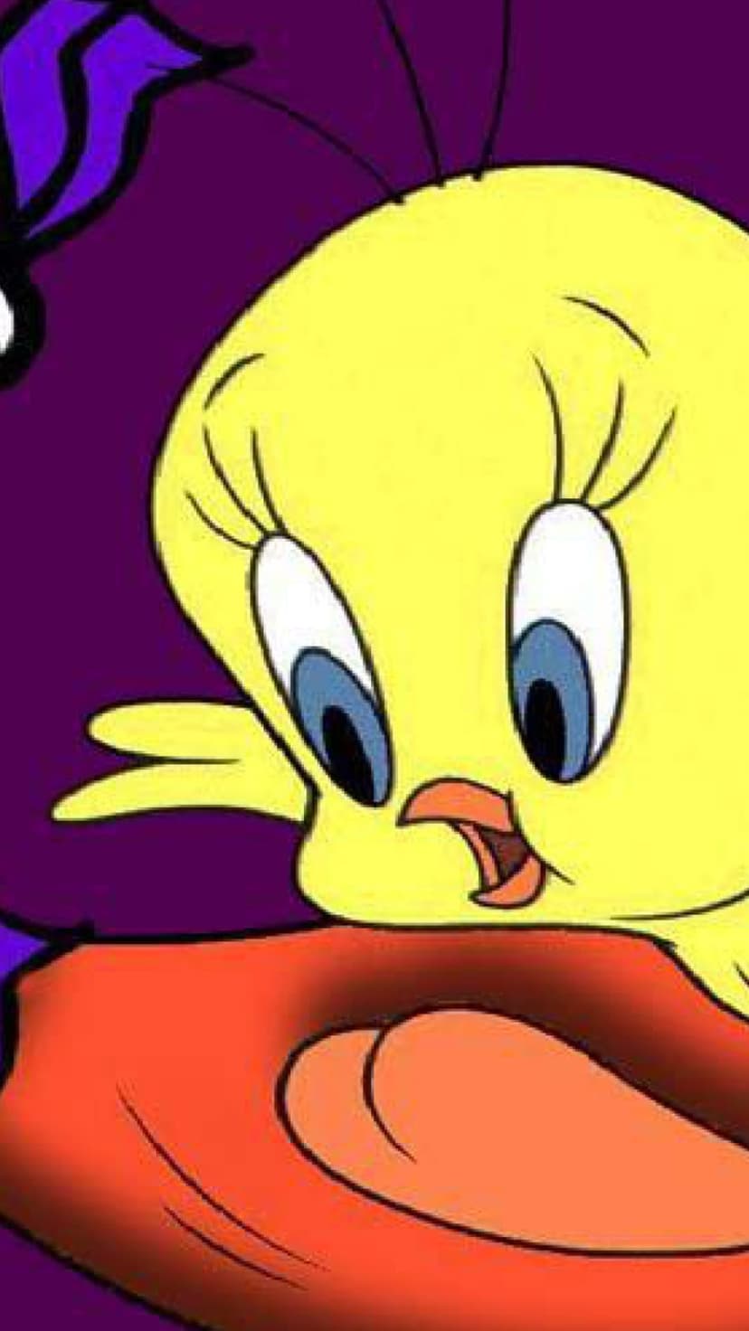 Tweety Bird with large blue eyes and a curious expression against a dark purple background with orange accents.