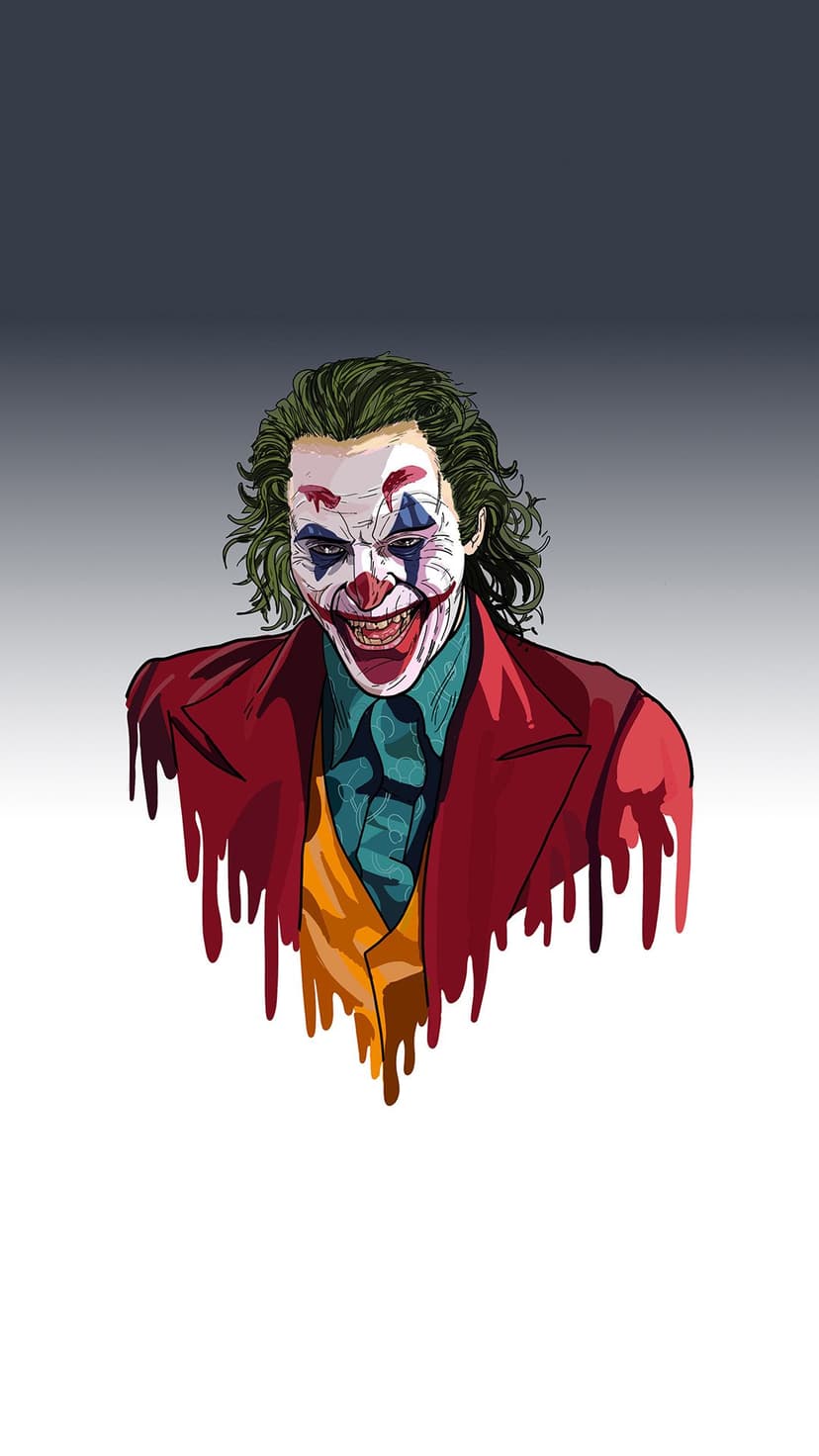 Pale clown with a wide red grin and messy green hair fades into a dripping effect against a gradient backdrop.