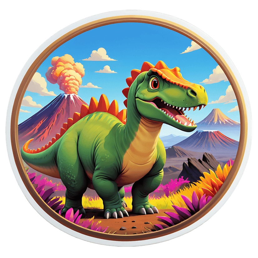 Green dinosaur sticker featuring orange scales stands near erupting volcanoes and peaks under a clear blue sky.