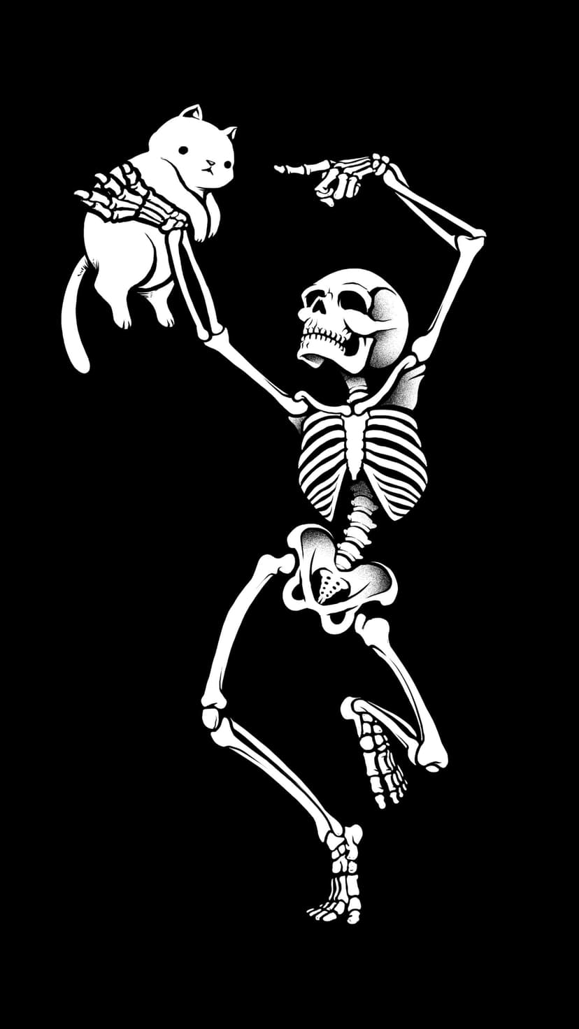 Skeleton cradles a fluffy white cat while pointing a bony finger forward against a pitch black background.