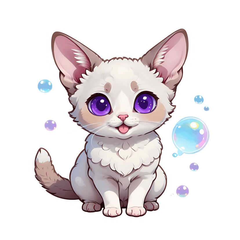 White kitten sticker illustration with purple eyes sits amidst iridescent soap bubbles on a clean background.