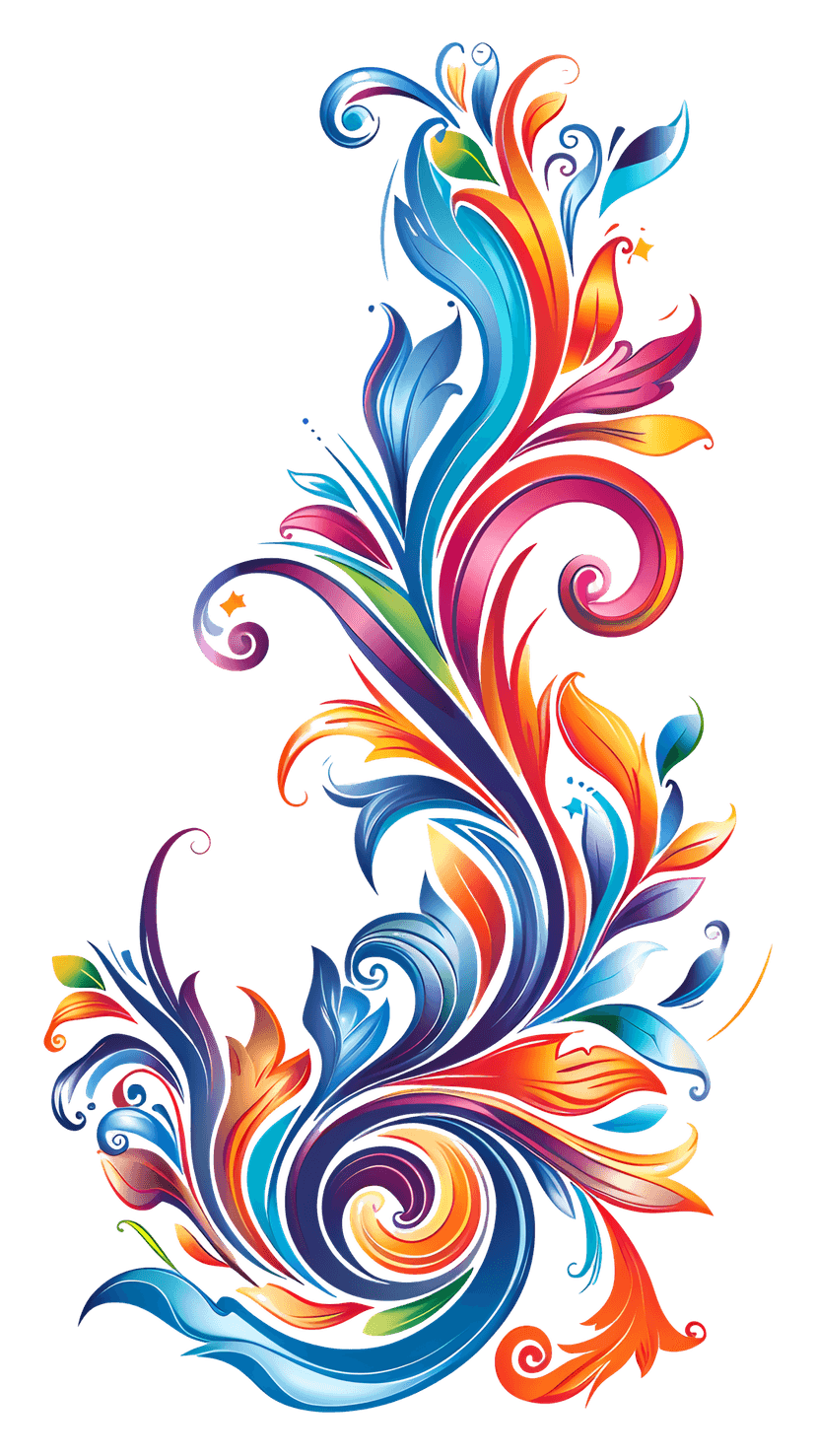 Abstract colorful swirl illustration featuring smooth rainbow gradients and curved lines on a transparent base.