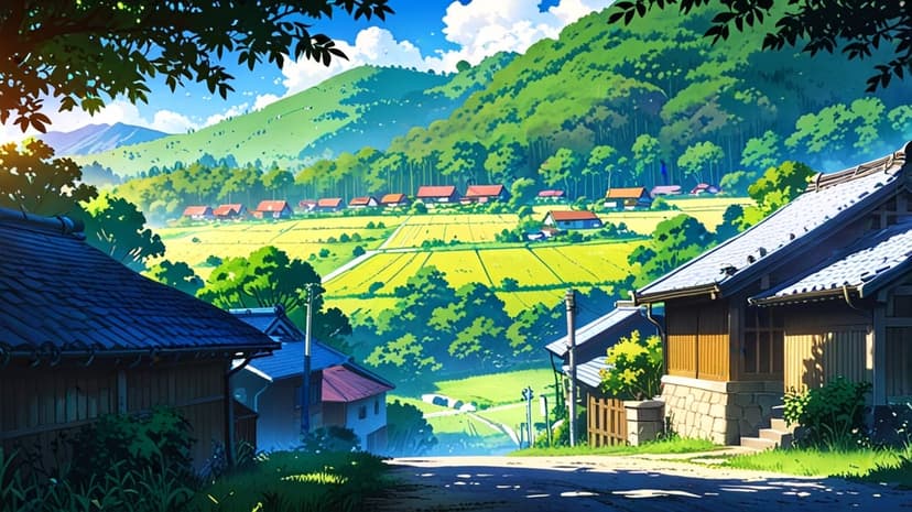 Traditional Japanese houses surrounded by terraced yellow fields and lush green hills under a bright blue sky.