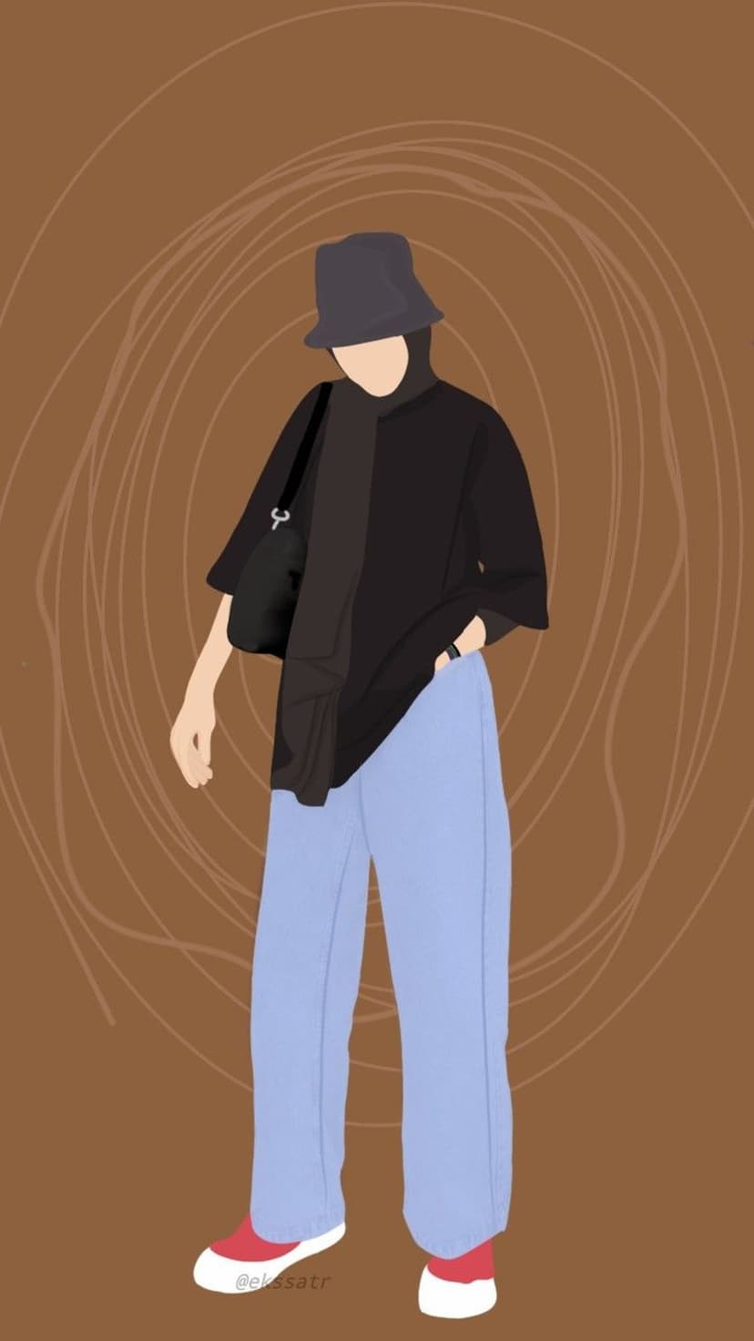 Woman in a black bucket hat, dark tee, and blue jeans poses before an abstract brown backdrop with line art.