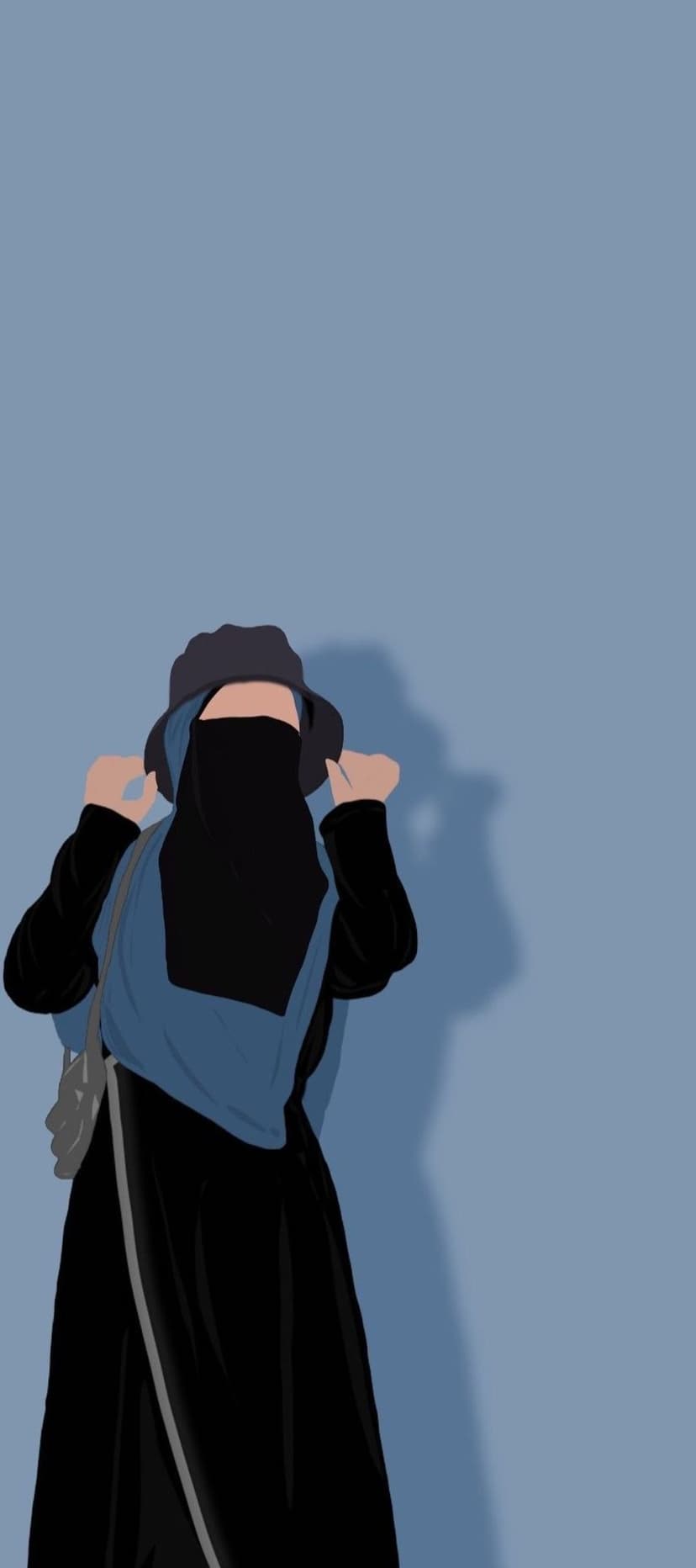 Woman in a black niqab and dark gray bucket hat stands against a muted blue background with a soft side shadow.