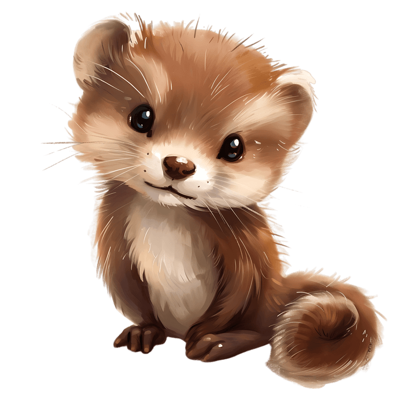 Brown ferret sits with a large fluffy tail featuring soft watercolor textures and dark eyes on a clear background.