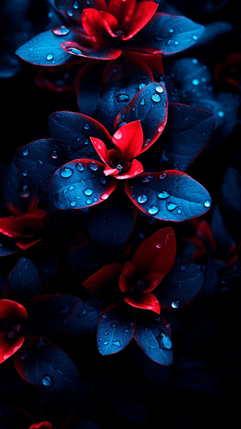 Dark blue leaves with red edges are covered in sparkling water droplets against a soft focus dark background.