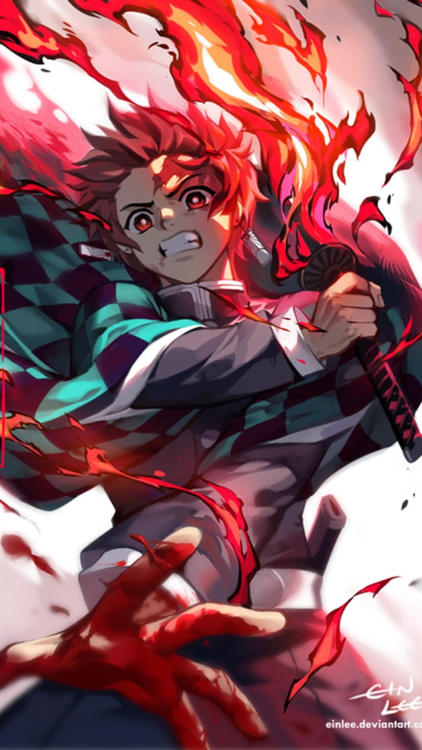 Tanjiro Kamado swings a flaming sword while wearing a checkered haori amid glowing embers and blood splatters.