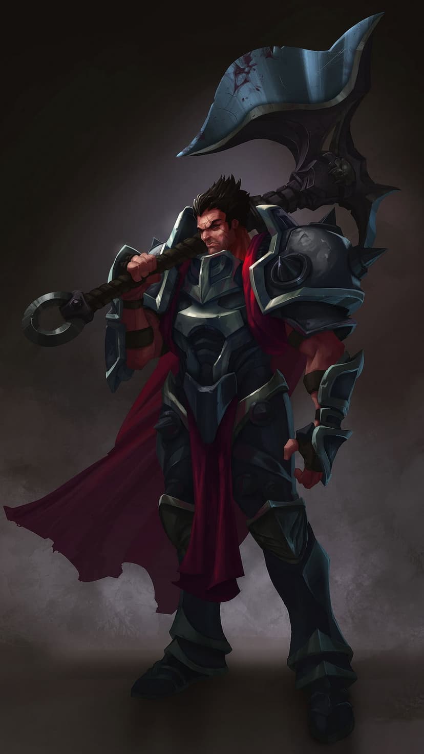Darius wears spiked black armor and a long red cape while gripping a massive axe against a dark, foggy backdrop.