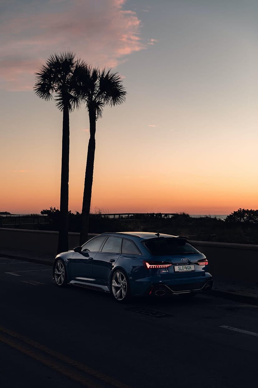 Audi RS6 Avant parked on a coastal road between palm tree silhouettes against a vibrant orange and pink sunset sky.