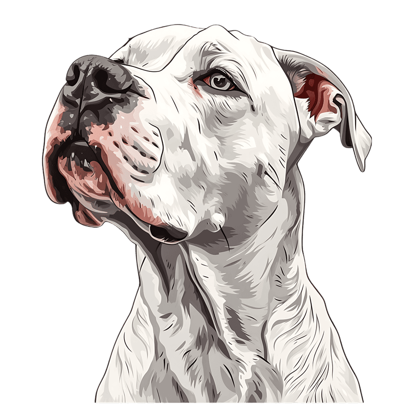 Dogo Argentino white dog profile illustration showing the animal looking up with bold black outlines.