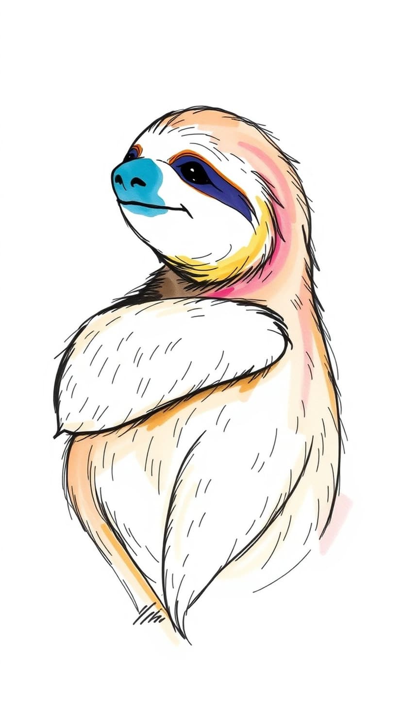 Sloth with bold black outlines and colorful watercolor splashes on its face against a clean white background.