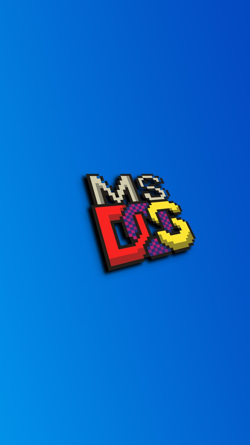 MS-DOS logo in 3D pixel art with checkered patterns on a blue gradient background for mobile phone screens.
