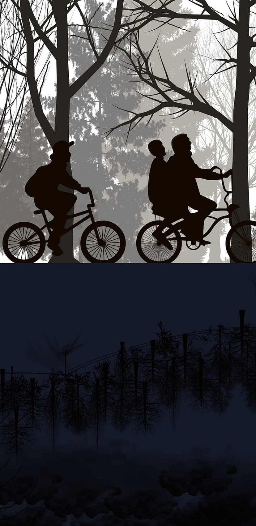 Two children on bicycles ride through a foggy forest with bare branches and an inverted cloud landscape below.