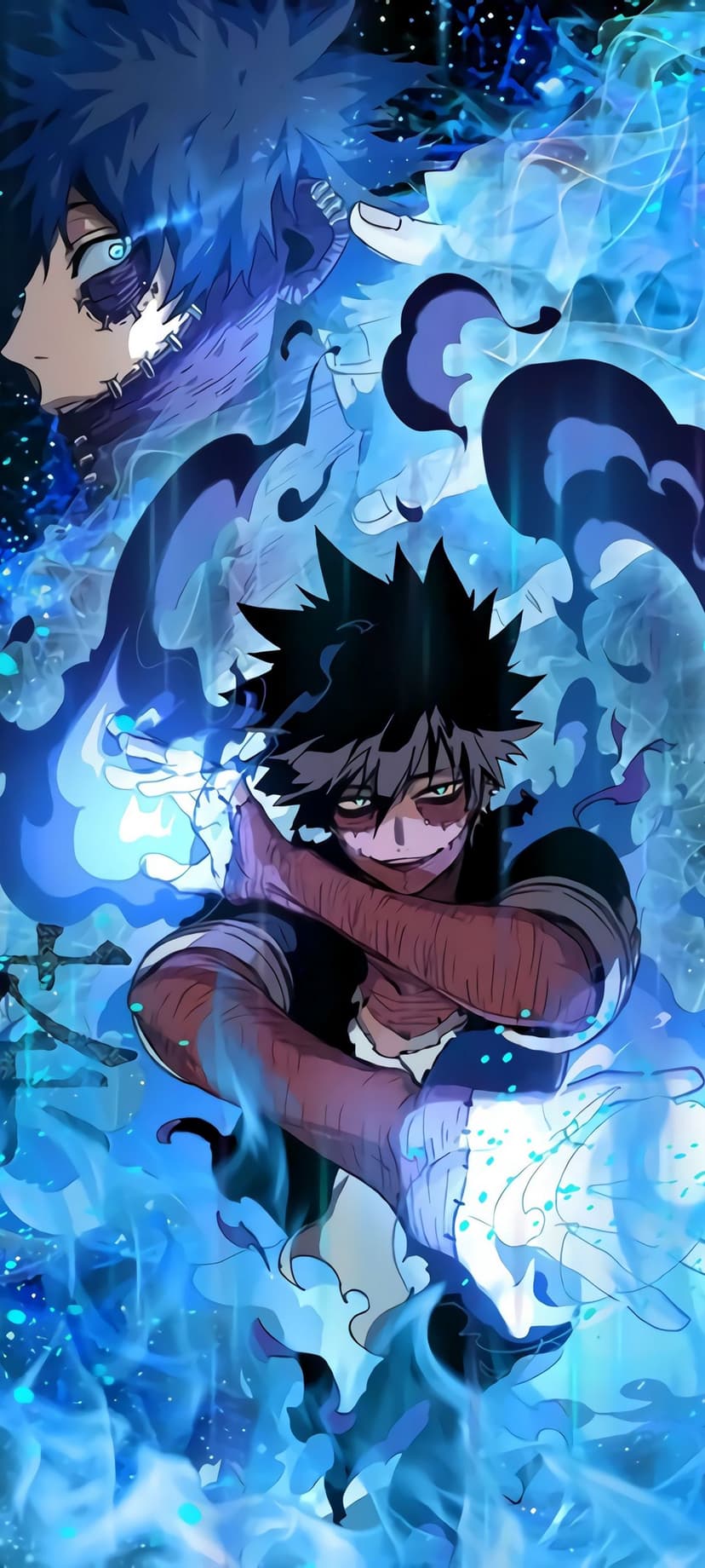 Dabi from My Hero Academia with stapled scars and a fierce expression surrounded by glowing blue fire.