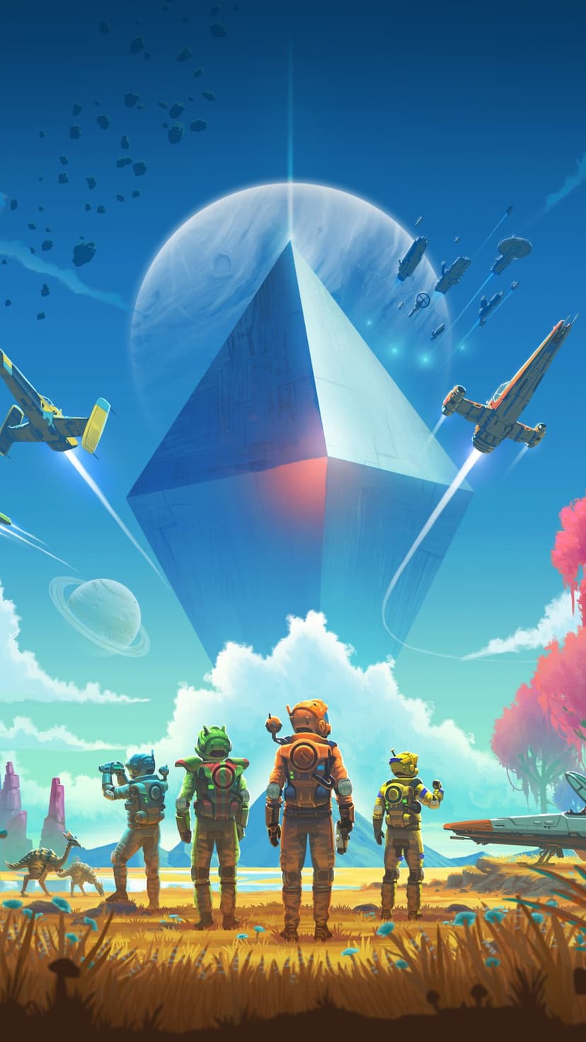 Four colorful astronauts look up at a giant blue diamond structure in a vibrant alien sky with spaceships.