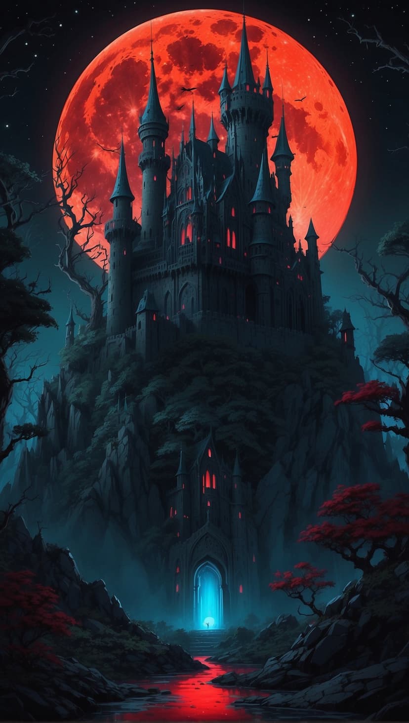 Gothic stone castle silhouetted against a giant blood-red moon with a glowing blue doorway and red river.