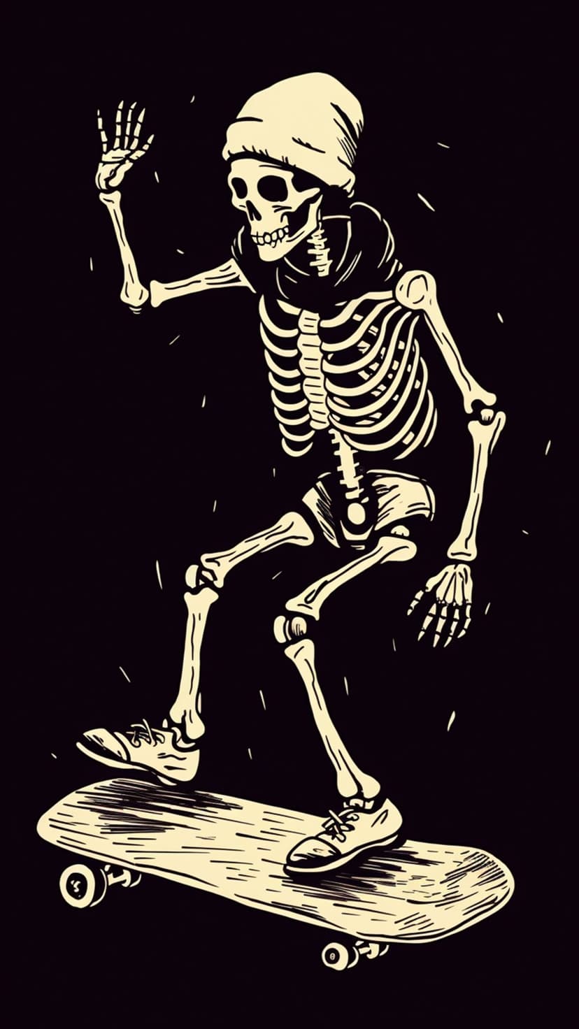 Skeleton wearing a beanie skateboards against a black backdrop with cream-colored bones visible in mid-motion.