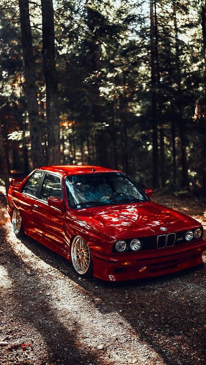 Red BMW E30 M3 with gold rims on a dirt road in a forest with sunlight filtering through tree branches.