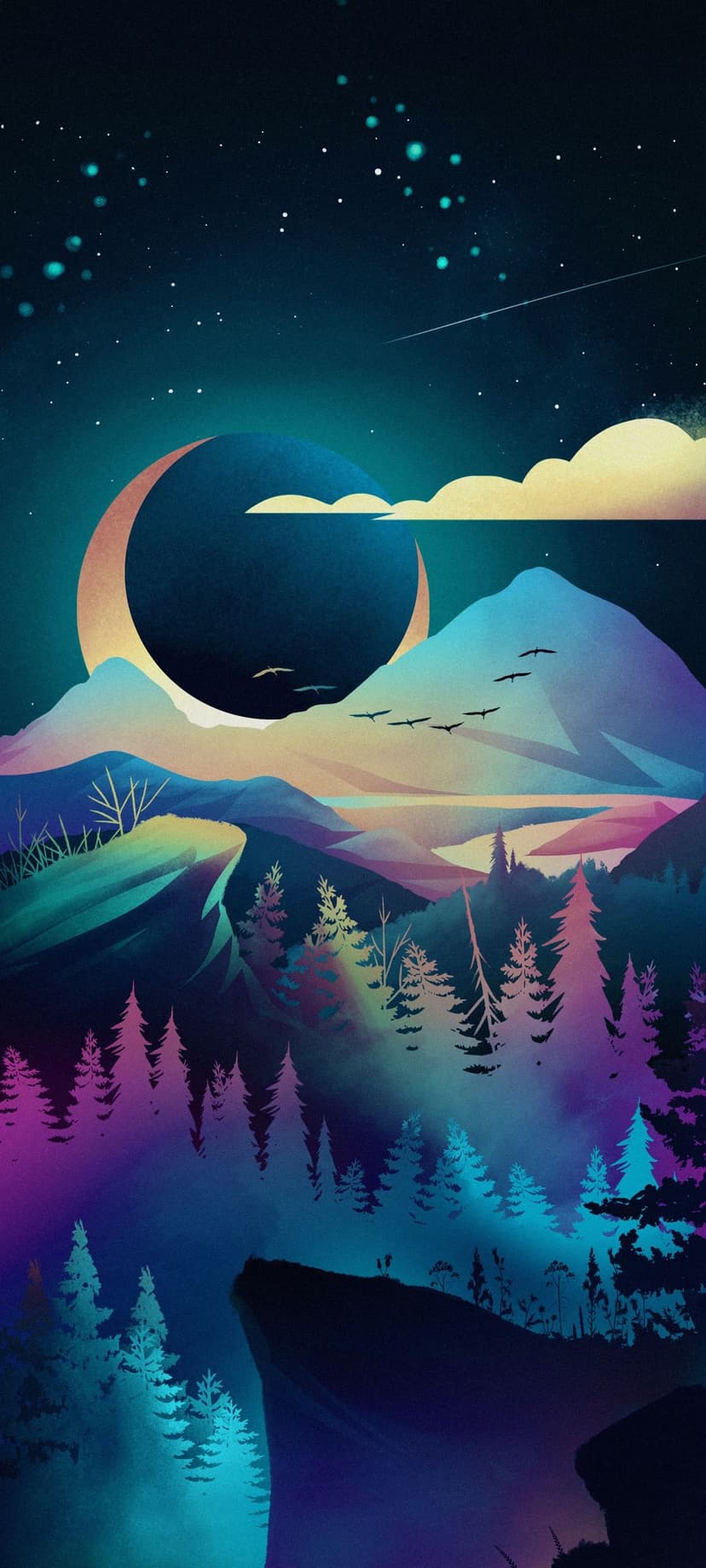 Crescent moon with a golden halo shines over colorful gradient mountains and silhouettes of flying birds.