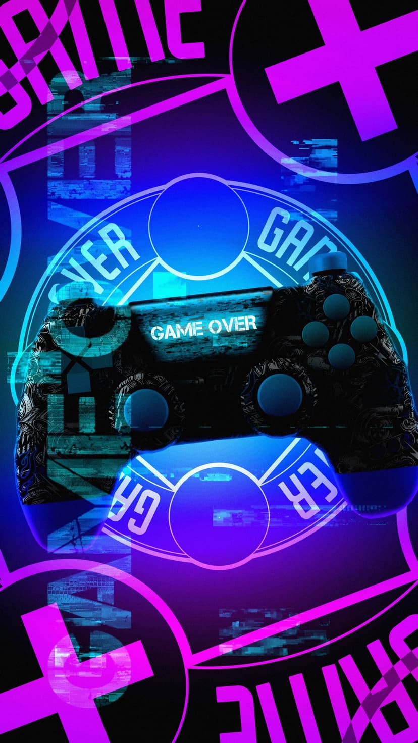 Game controller glowing with neon blue and purple glitch distortions and Game Over text against a dark background.