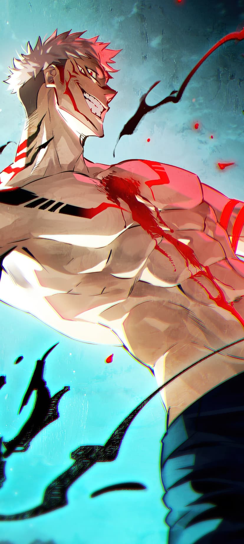 Muscular warrior with spiky hair and red body markings stands against a vibrant blue and black abstract backdrop.