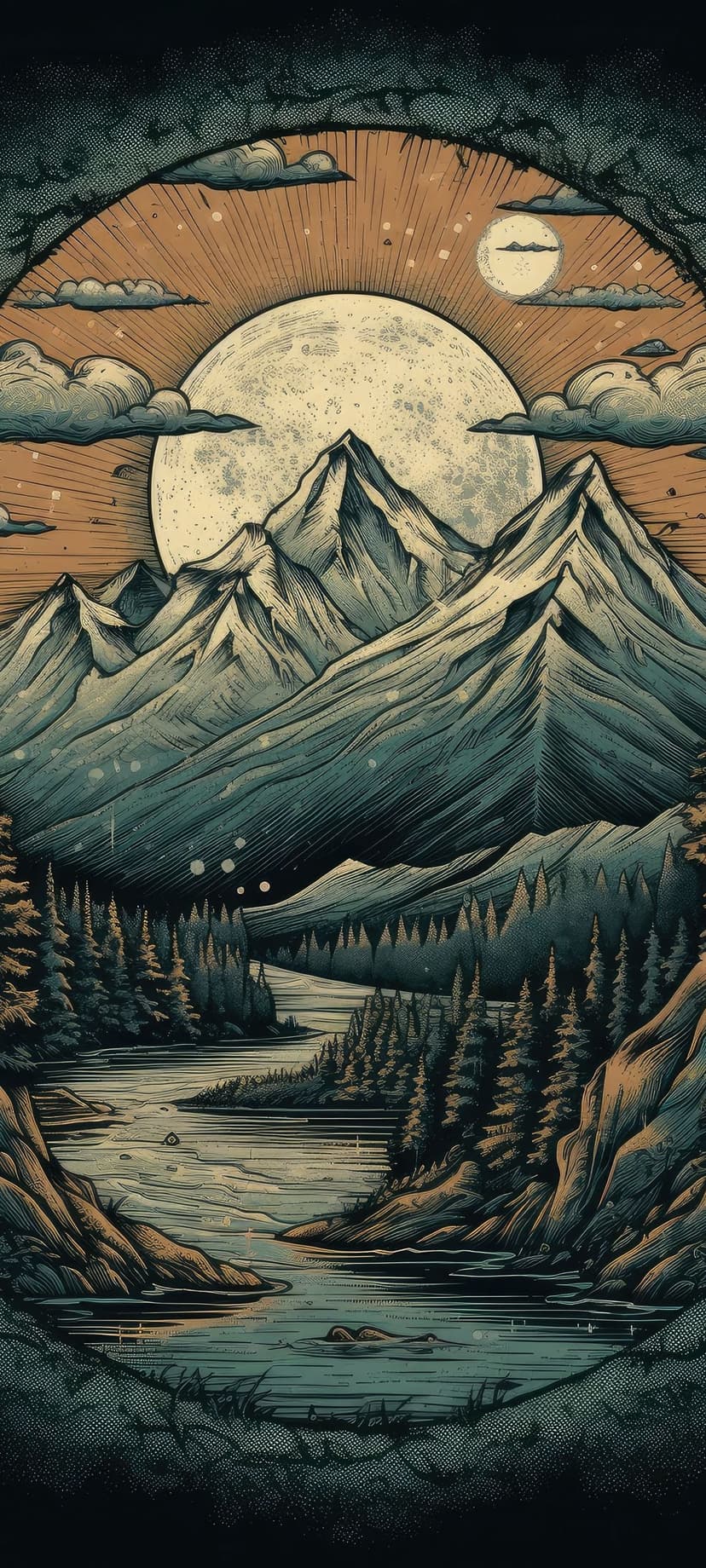 Towering mountain peak under a full moon overlooks a winding river and dense pine forest in the quiet wilderness.