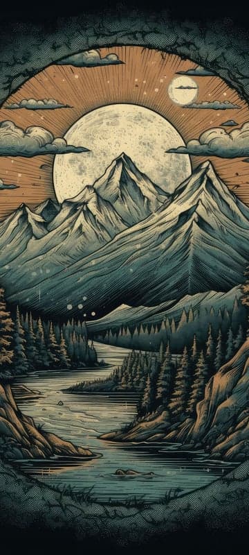 Mountain Moonlit River Landscape Art