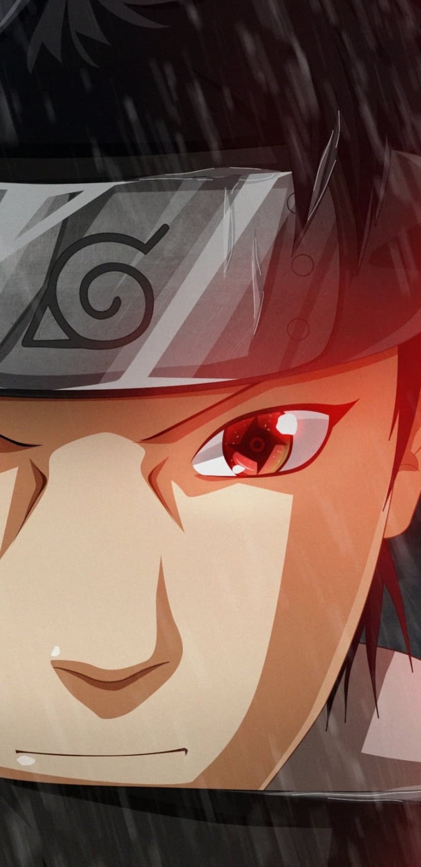 Sasuke Uchiha reveals a red Sharingan eye under a wet Konoha headband during a dark rainstorm in close-up.