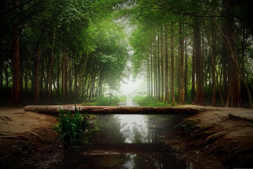 Rustic log bridge spans a narrow forest stream leading toward a misty clearing under dense green tree canopies.