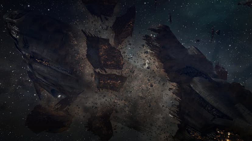Shattered remnants of a giant dark spaceship with glowing gold interiors floating in a vast star-filled galaxy.