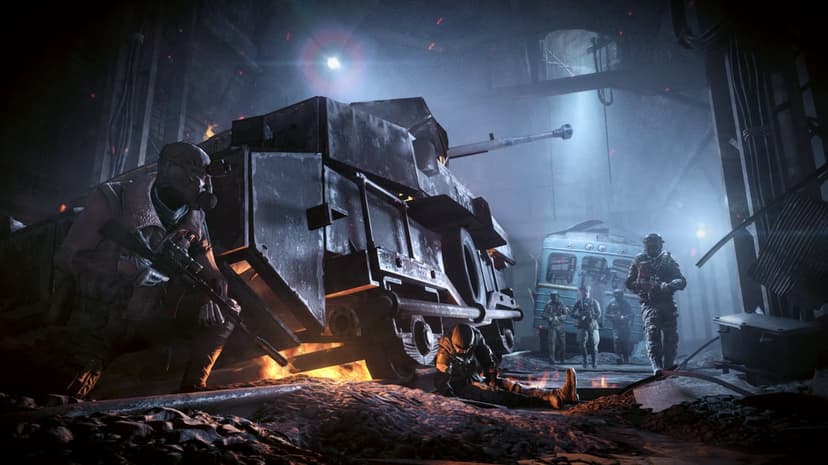 Soldiers in gas masks navigate a dark subway tunnel with an armored train and glowing fires at night.