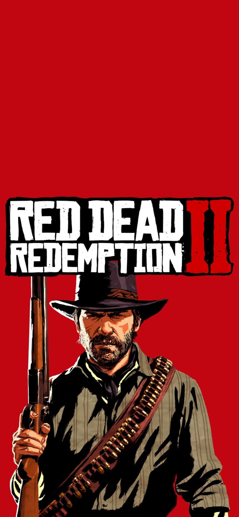 Arthur Morgan holds a rifle against a solid red background with the Red Dead Redemption II logo above him.