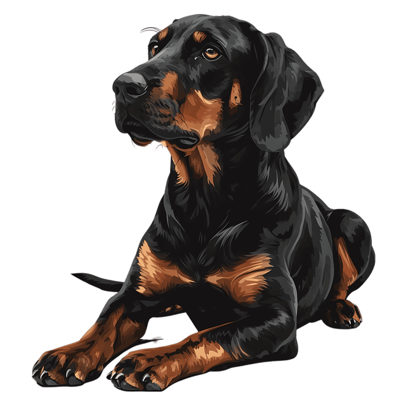 Black and tan coonhound dog lies down alertly in this stylized digital illustration with bold outlines.
