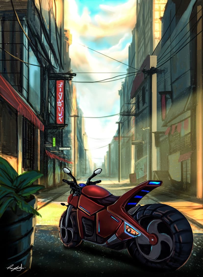 Red futuristic motorcycle with glowing blue accents parked on a narrow city street under a warm sunset sky.