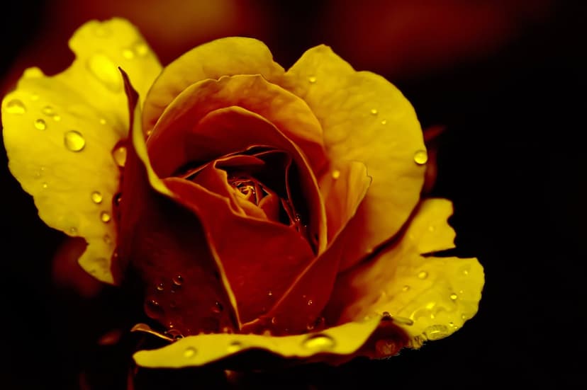 Bicolor yellow and red rose petals covered in transparent water droplets against a dark blurred background.