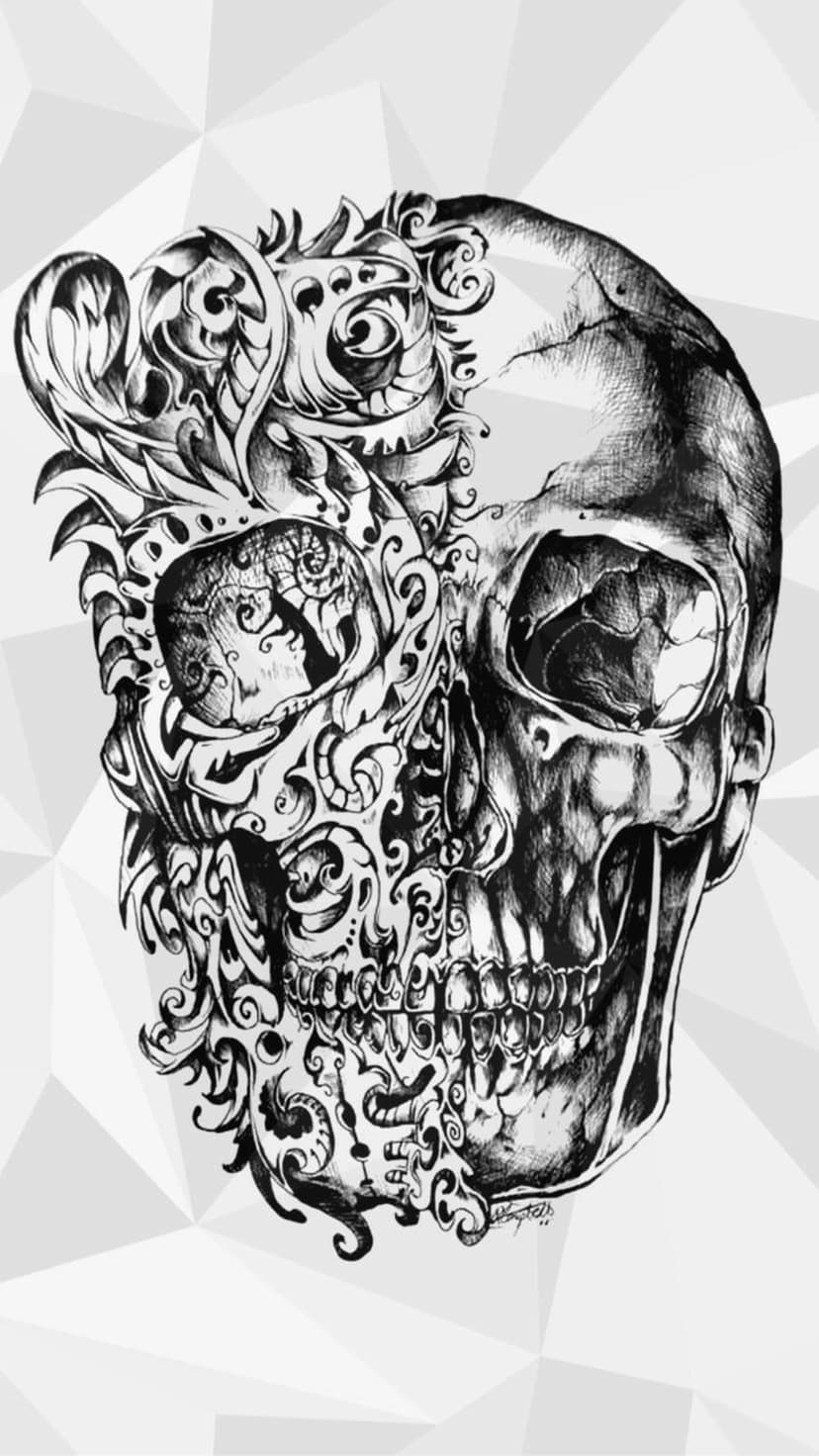 Human skull with ornate floral patterns on one side and realistic cracked bone on the other over geometric lines.